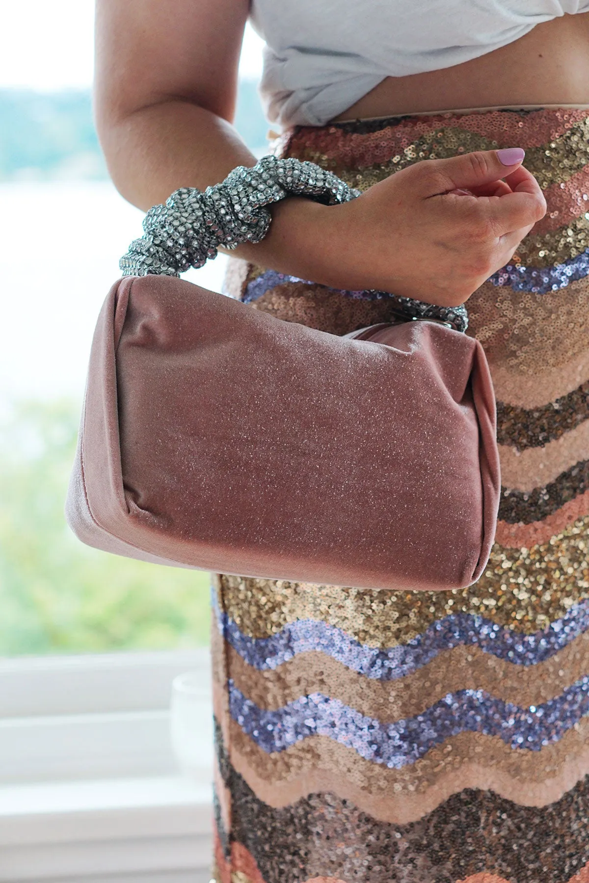 Estela Blush Velvet Top Handle Bag