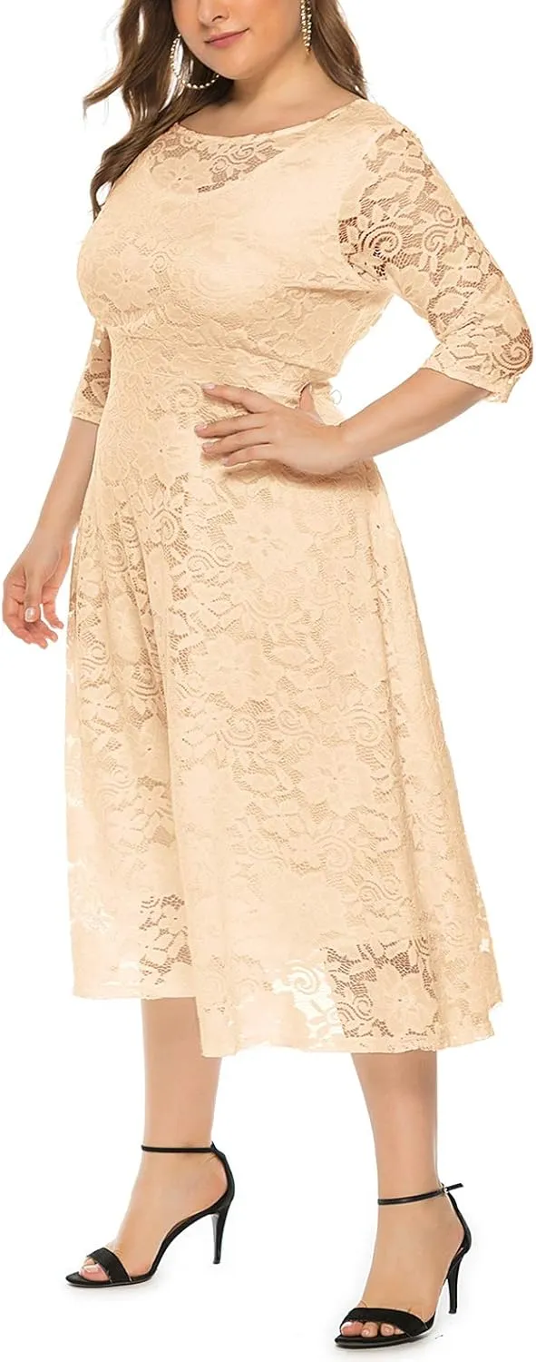 Eternatastic Womens Floral lace Plus Size Midi Dress Scooped Neckline Cocktail Party Dresses