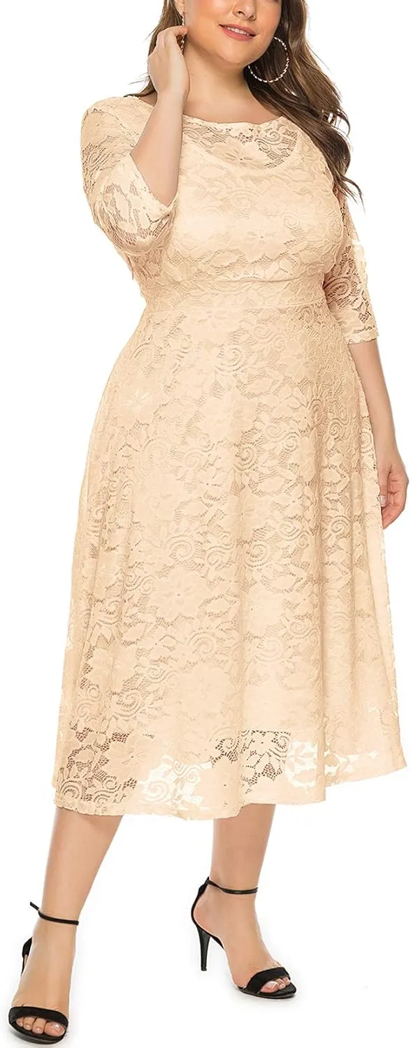 Eternatastic Womens Floral lace Plus Size Midi Dress Scooped Neckline Cocktail Party Dresses