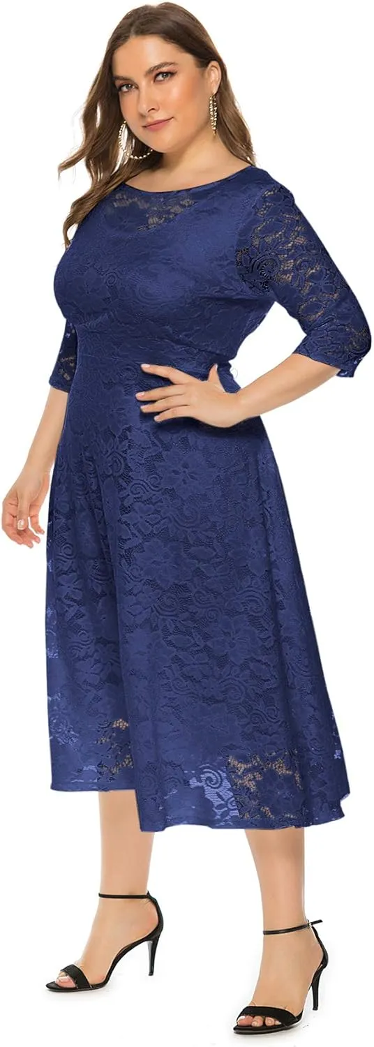 Eternatastic Womens Floral lace Plus Size Midi Dress Scooped Neckline Cocktail Party Dresses