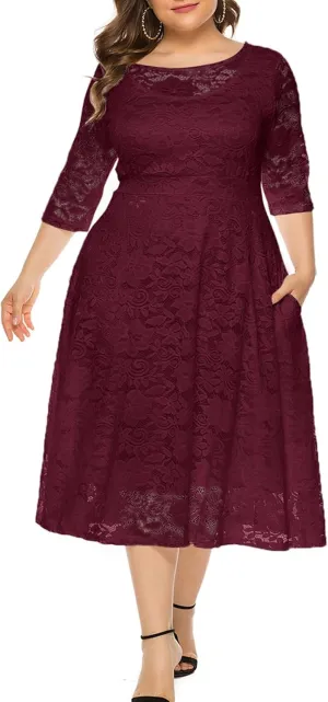 Eternatastic Womens Floral lace Plus Size Midi Dress Scooped Neckline Cocktail Party Dresses