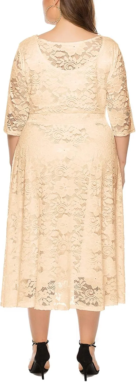 Eternatastic Womens Floral lace Plus Size Midi Dress Scooped Neckline Cocktail Party Dresses