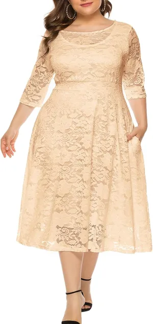 Eternatastic Womens Floral lace Plus Size Midi Dress Scooped Neckline Cocktail Party Dresses