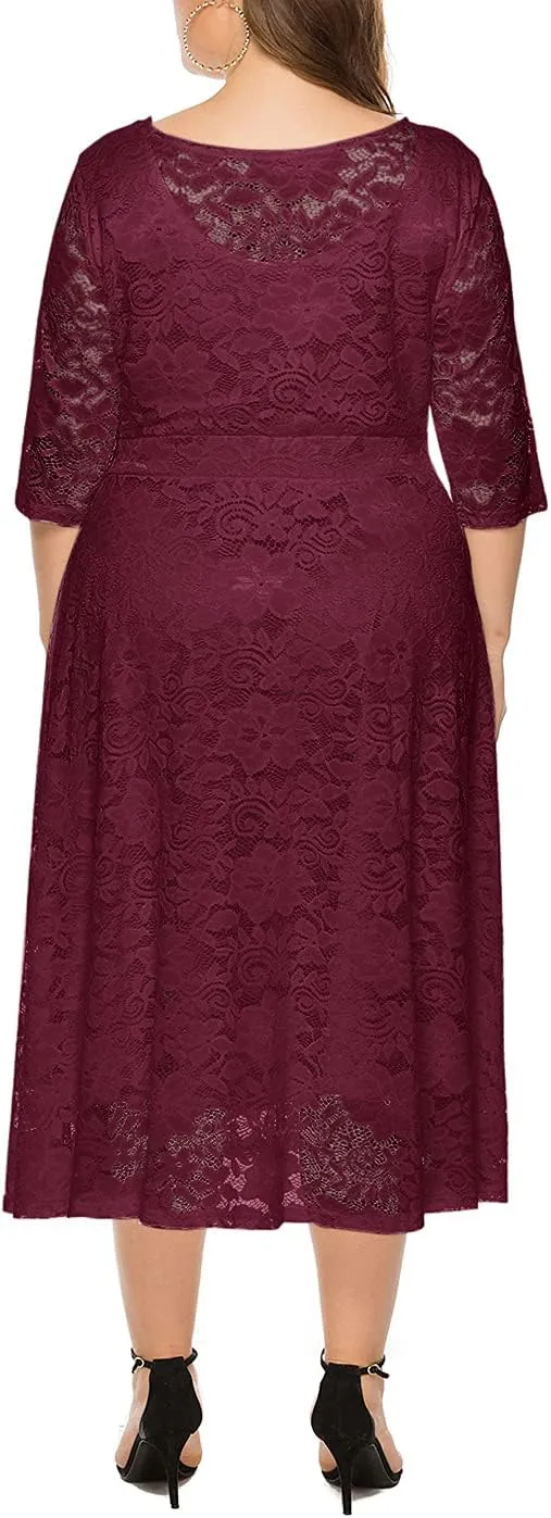 Eternatastic Womens Floral lace Plus Size Midi Dress Scooped Neckline Cocktail Party Dresses