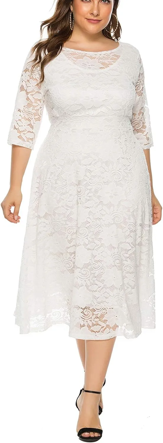 Eternatastic Womens Floral lace Plus Size Midi Dress Scooped Neckline Cocktail Party Dresses
