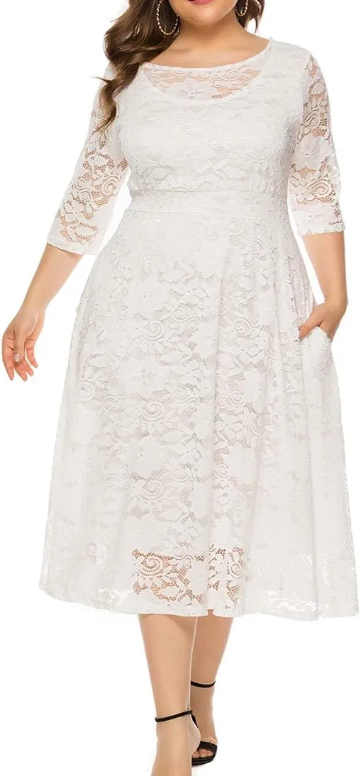 Eternatastic Womens Floral lace Plus Size Midi Dress Scooped Neckline Cocktail Party Dresses