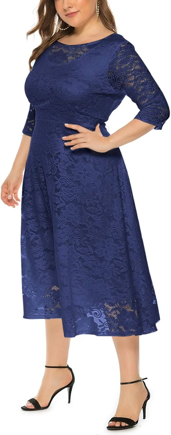 Eternatastic Womens Floral lace Plus Size Midi Dress Scooped Neckline Cocktail Party Dresses