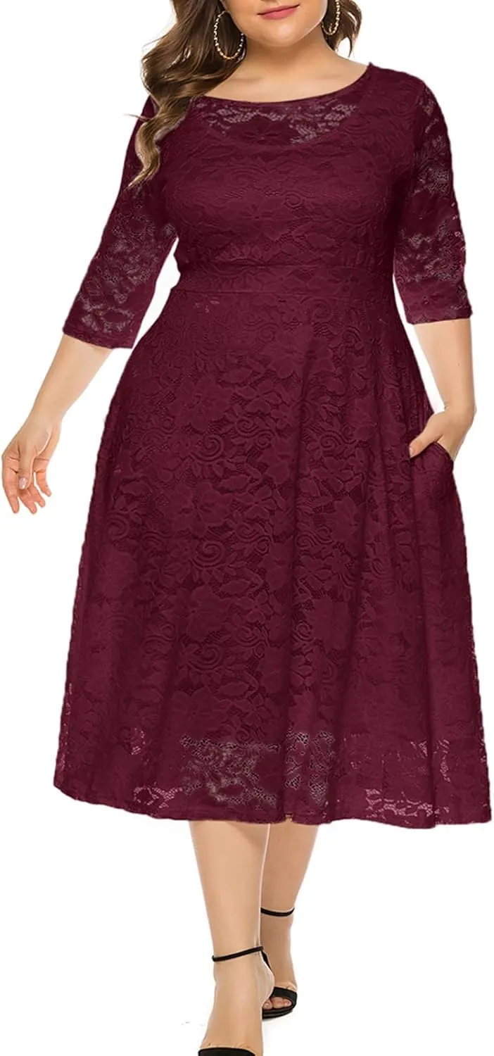 Eternatastic Womens Floral lace Plus Size Midi Dress Scooped Neckline Cocktail Party Dresses