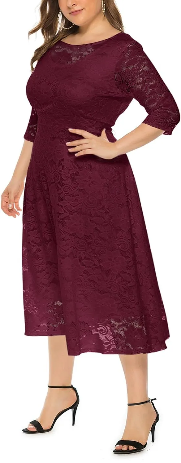Eternatastic Womens Floral lace Plus Size Midi Dress Scooped Neckline Cocktail Party Dresses