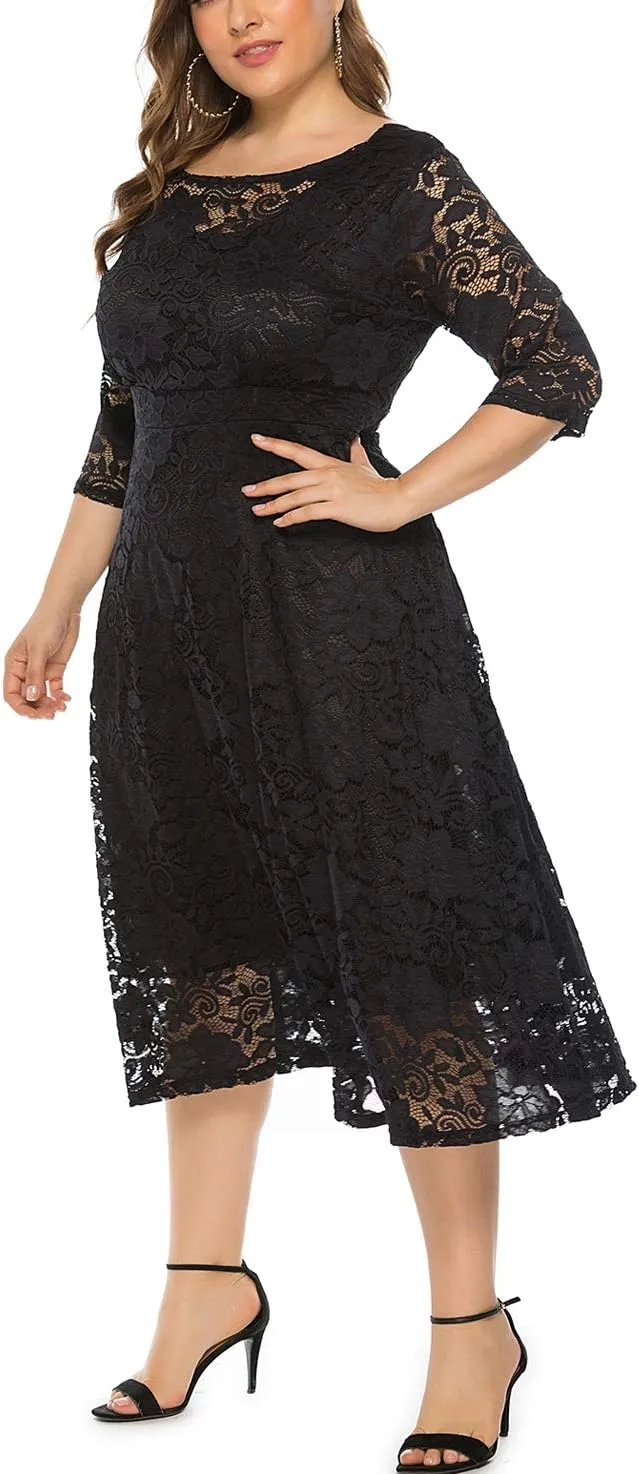 Eternatastic Womens Floral lace Plus Size Midi Dress Scooped Neckline Cocktail Party Dresses