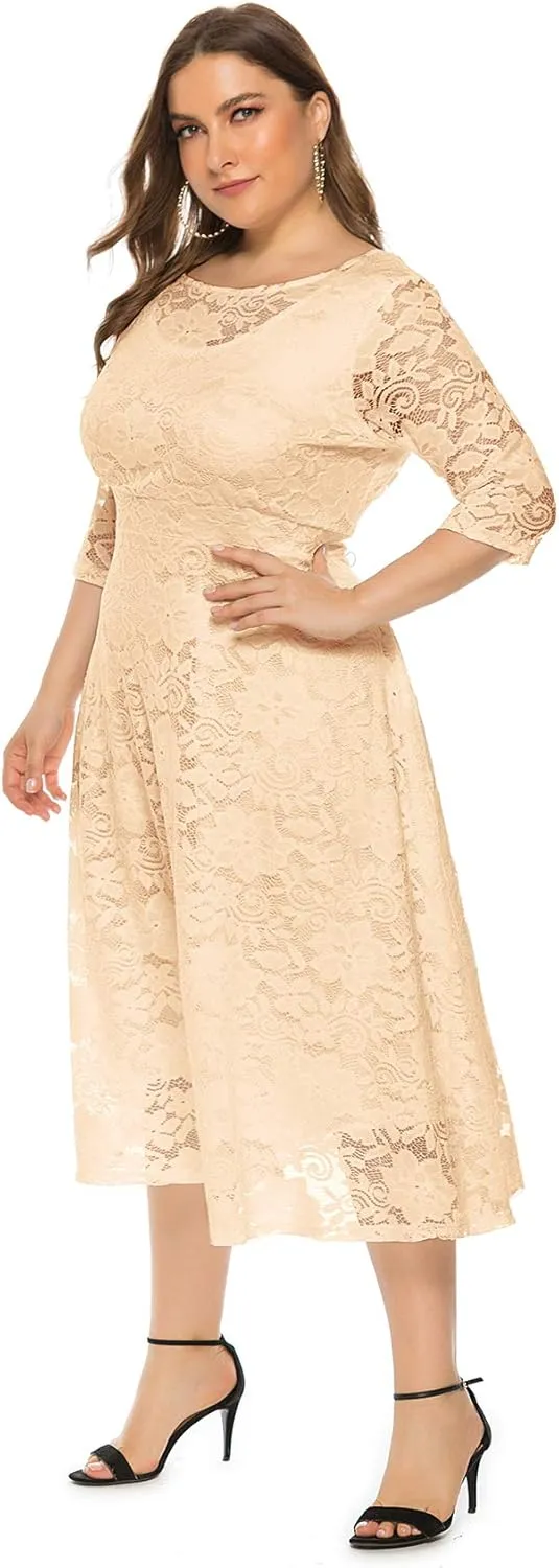 Eternatastic Womens Floral lace Plus Size Midi Dress Scooped Neckline Cocktail Party Dresses