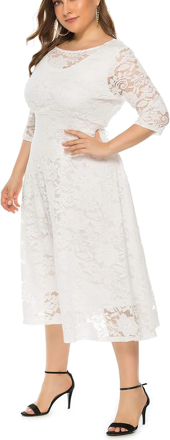 Eternatastic Womens Floral lace Plus Size Midi Dress Scooped Neckline Cocktail Party Dresses