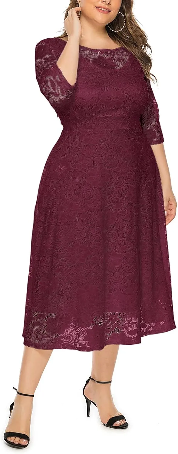 Eternatastic Womens Floral lace Plus Size Midi Dress Scooped Neckline Cocktail Party Dresses