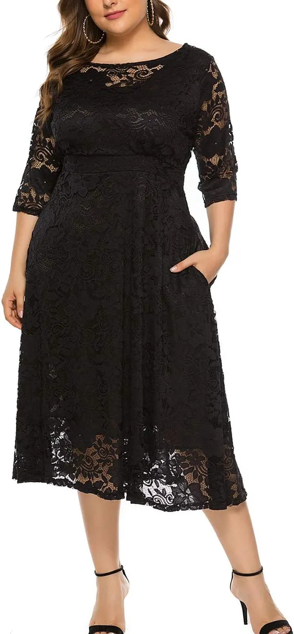 Eternatastic Womens Floral lace Plus Size Midi Dress Scooped Neckline Cocktail Party Dresses