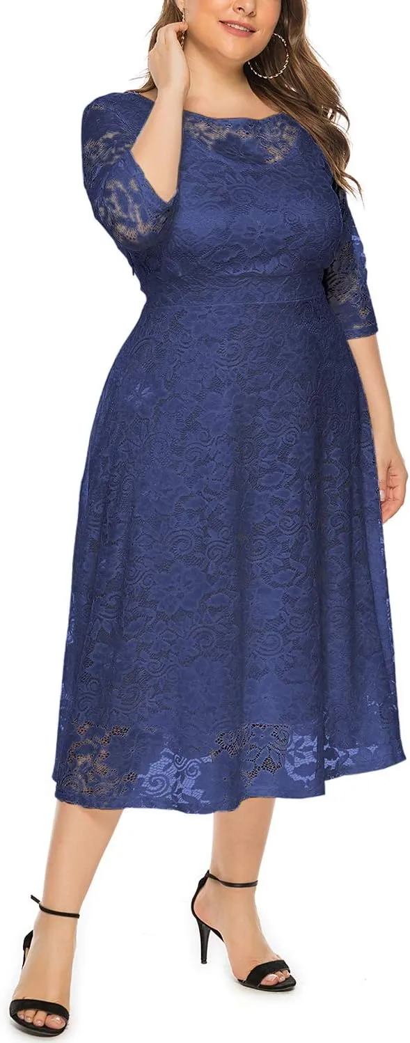 Eternatastic Womens Floral lace Plus Size Midi Dress Scooped Neckline Cocktail Party Dresses