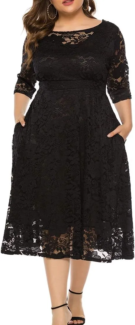 Eternatastic Womens Floral lace Plus Size Midi Dress Scooped Neckline Cocktail Party Dresses