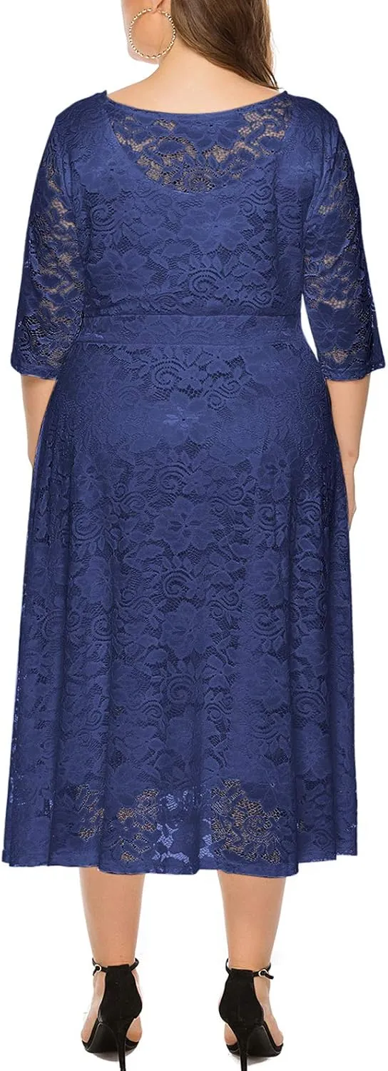 Eternatastic Womens Floral lace Plus Size Midi Dress Scooped Neckline Cocktail Party Dresses