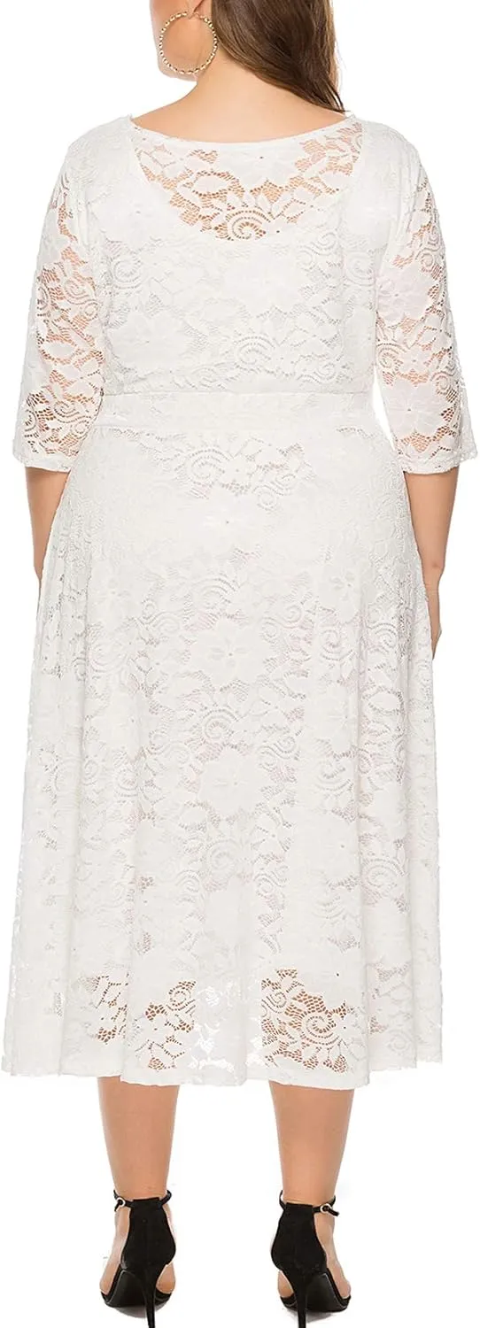 Eternatastic Womens Floral lace Plus Size Midi Dress Scooped Neckline Cocktail Party Dresses