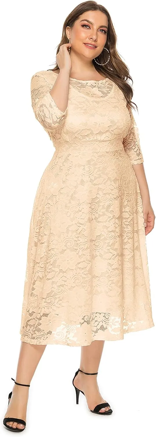 Eternatastic Womens Floral lace Plus Size Midi Dress Scooped Neckline Cocktail Party Dresses