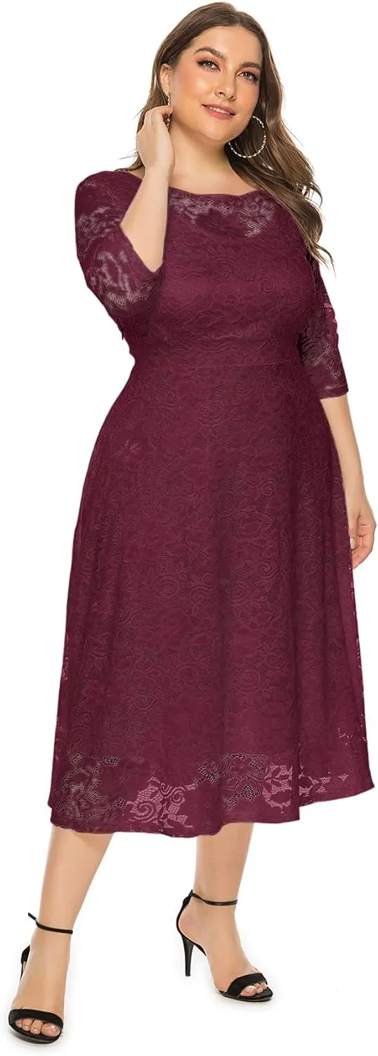 Eternatastic Womens Floral lace Plus Size Midi Dress Scooped Neckline Cocktail Party Dresses