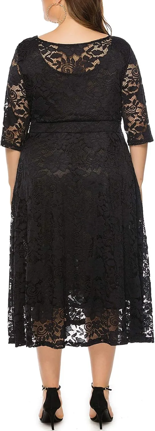 Eternatastic Womens Floral lace Plus Size Midi Dress Scooped Neckline Cocktail Party Dresses