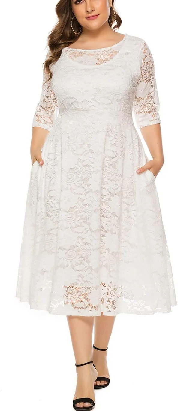Eternatastic Womens Floral lace Plus Size Midi Dress Scooped Neckline Cocktail Party Dresses