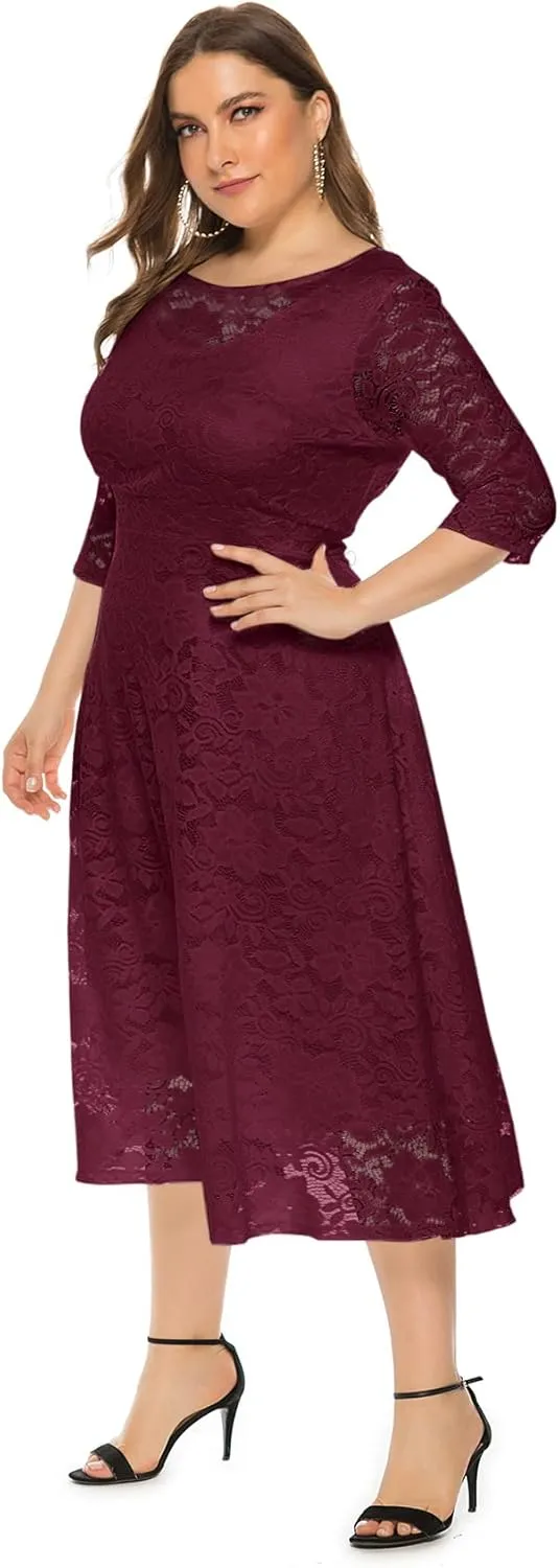 Eternatastic Womens Floral lace Plus Size Midi Dress Scooped Neckline Cocktail Party Dresses