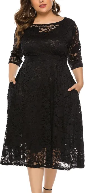 Eternatastic Womens Floral lace Plus Size Midi Dress Scooped Neckline Cocktail Party Dresses