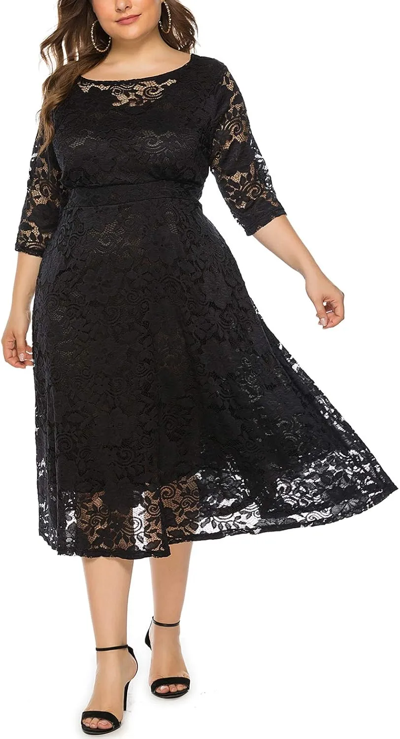 Eternatastic Womens Floral lace Plus Size Midi Dress Scooped Neckline Cocktail Party Dresses