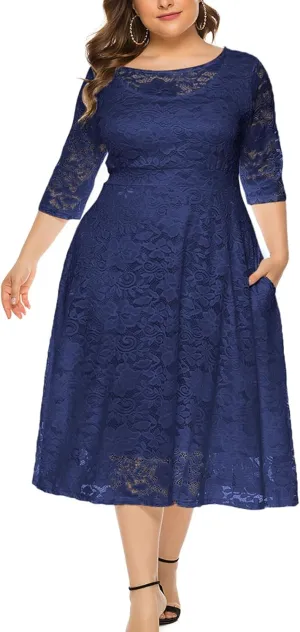 Eternatastic Womens Floral lace Plus Size Midi Dress Scooped Neckline Cocktail Party Dresses