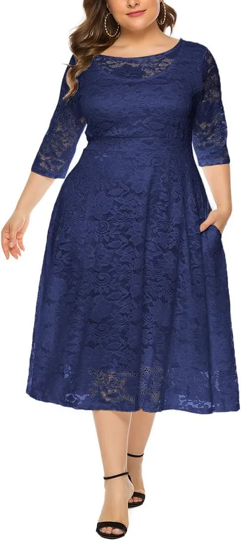 Eternatastic Womens Floral lace Plus Size Midi Dress Scooped Neckline Cocktail Party Dresses