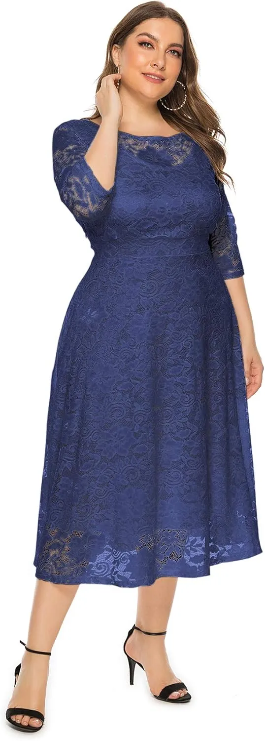 Eternatastic Womens Floral lace Plus Size Midi Dress Scooped Neckline Cocktail Party Dresses