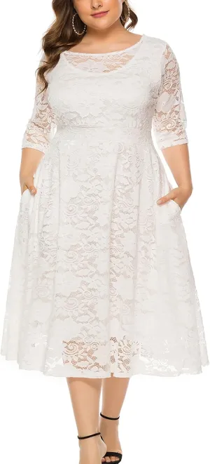 Eternatastic Womens Floral lace Plus Size Midi Dress Scooped Neckline Cocktail Party Dresses