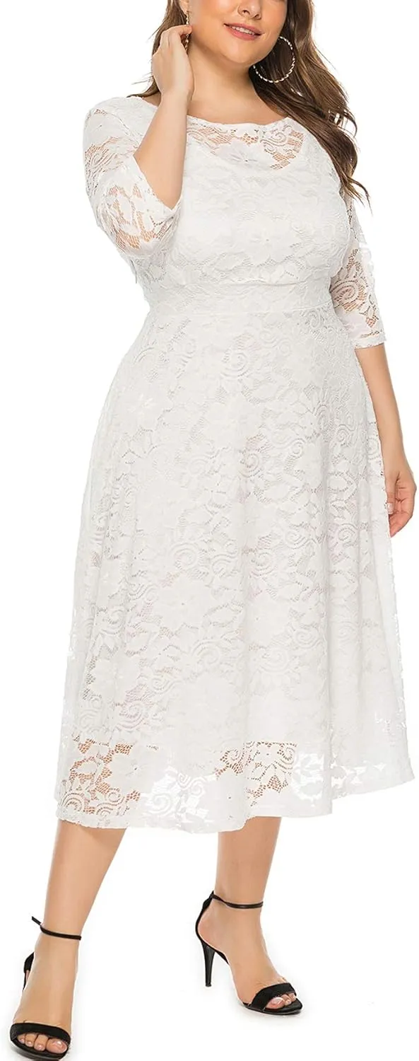 Eternatastic Womens Floral lace Plus Size Midi Dress Scooped Neckline Cocktail Party Dresses