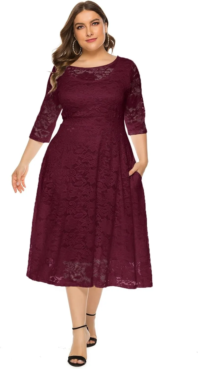 Eternatastic Womens Floral lace Plus Size Midi Dress Scooped Neckline Cocktail Party Dresses