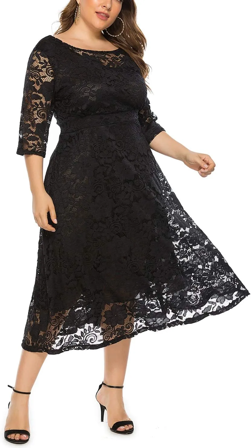 Eternatastic Womens Floral lace Plus Size Midi Dress Scooped Neckline Cocktail Party Dresses