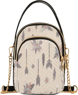 Ethnic Feathers and Arrows Crossbody Handbags for Women Casual Leather Shoulder Phone Purse