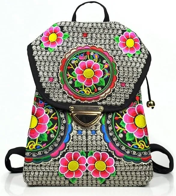 Ethnic Style Bag Canvas Embroidered Embroidered Women's Shoulder Bag With Buckle Backpack(black)
