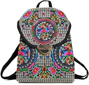 Ethnic Style Bag Canvas Embroidered Embroidered Women's Shoulder Bag With Buckle Backpack(black)