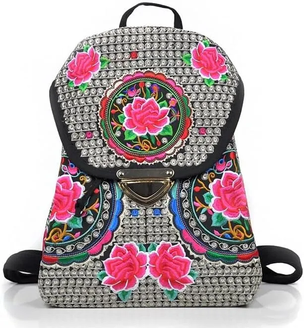 Ethnic Style Bag Canvas Embroidered Embroidered Women's Shoulder Bag With Buckle Backpack(black)