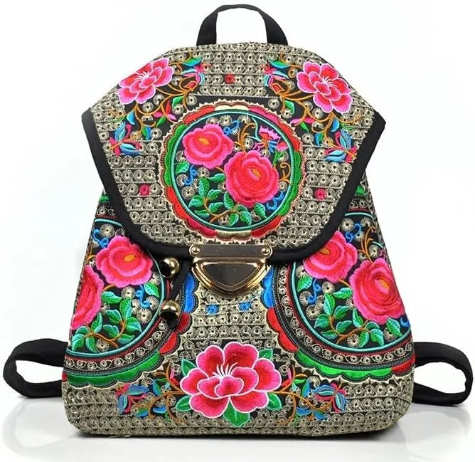 Ethnic Style Bag Canvas Embroidered Embroidered Women's Shoulder Bag With Buckle Backpack(black)