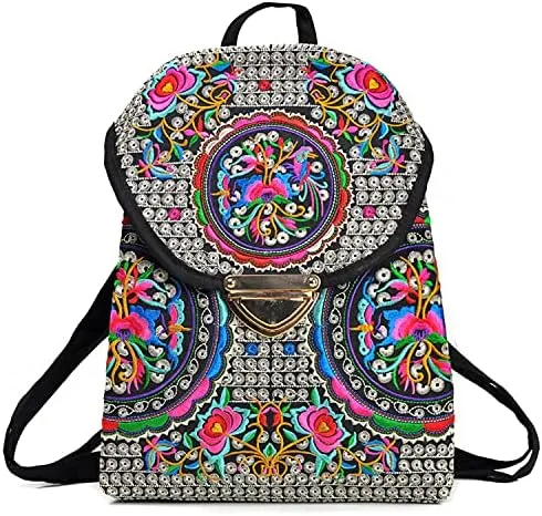 Ethnic Style Bag Canvas Embroidered Embroidered Women's Shoulder Bag With Buckle Backpack(black)