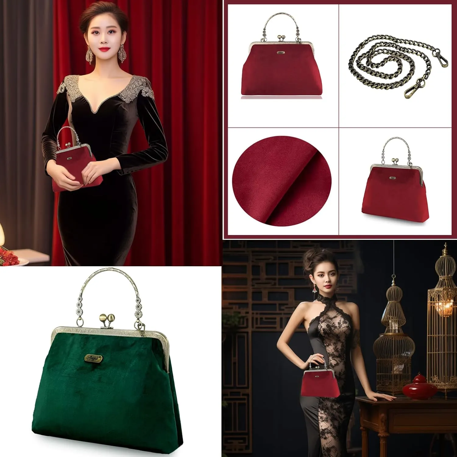 Evening Bag Vintage Purse Kiss Lock Purses and Handbags for Women Floral Canvas Handbag