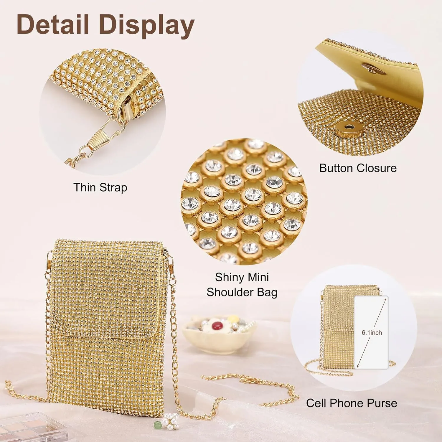 Evening Handbags Clutch Purses for Women, Crossbody Bag Crystal Rhinestone Purse Shoulder Bag Sparkly for Wedding Party Gold