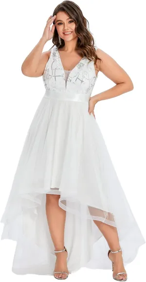 Ever-Pretty Plus Women's Deep V-Neck Lace Applique High Low A-Line Plus Size Tulle Maxi Evening Party Dresses 00793-DA