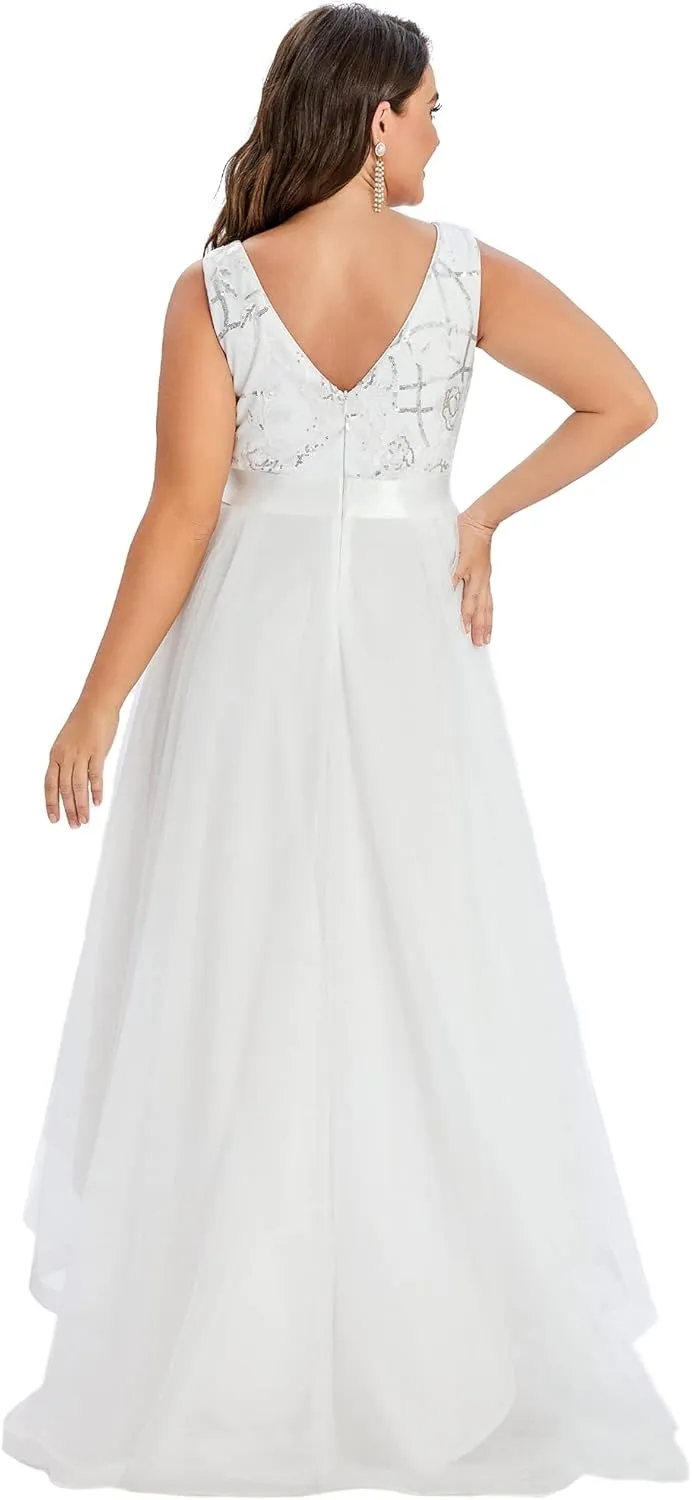 Ever-Pretty Plus Women's Deep V-Neck Lace Applique High Low A-Line Plus Size Tulle Maxi Evening Party Dresses 00793-DA