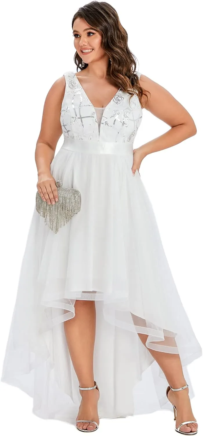 Ever-Pretty Plus Women's Deep V-Neck Lace Applique High Low A-Line Plus Size Tulle Maxi Evening Party Dresses 00793-DA