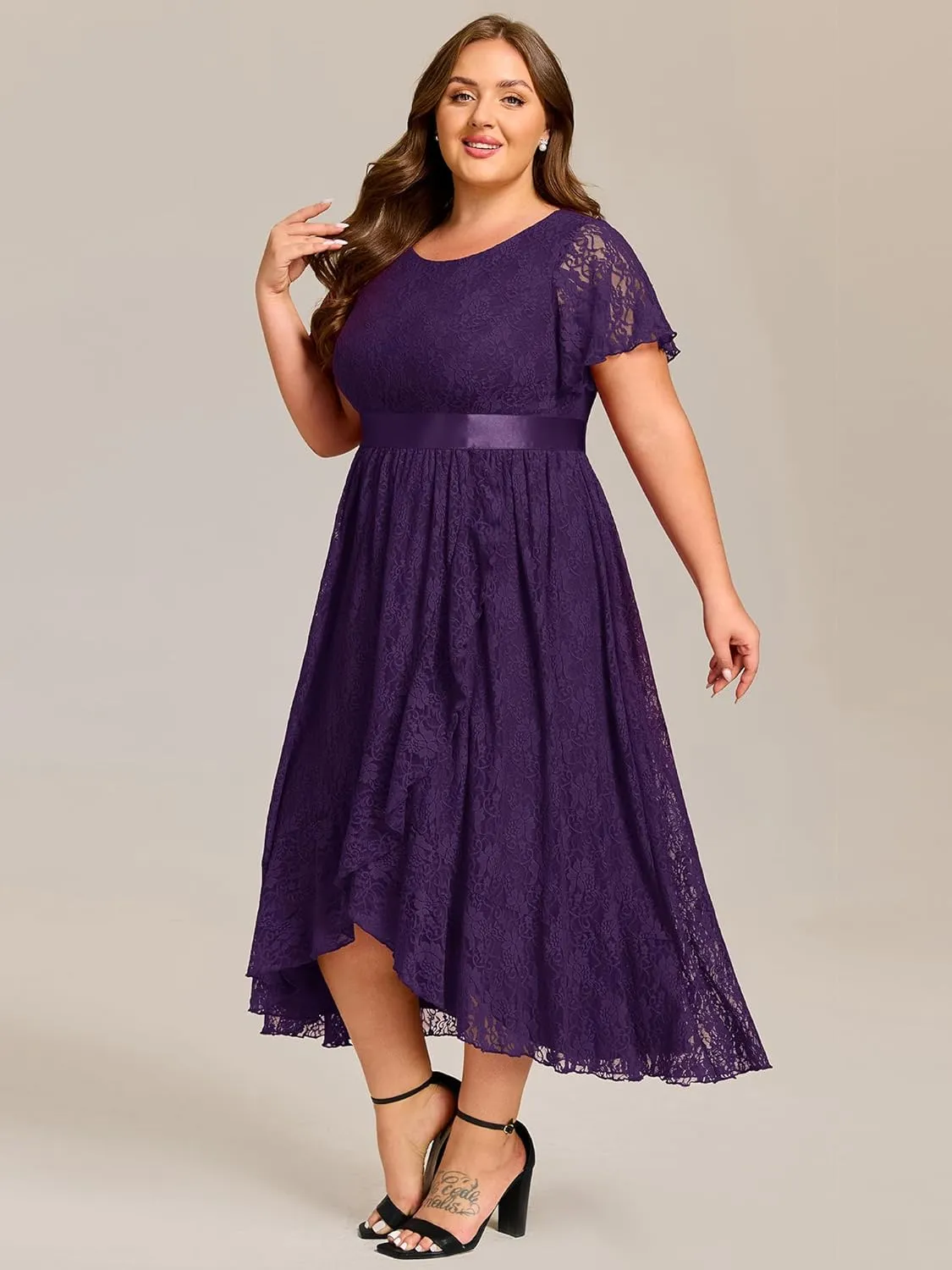 Ever-Pretty Plus Women's Lace Round Neck Short Sleeves High Low Plus Size Midi Cocktail Wedding Guest Dresses