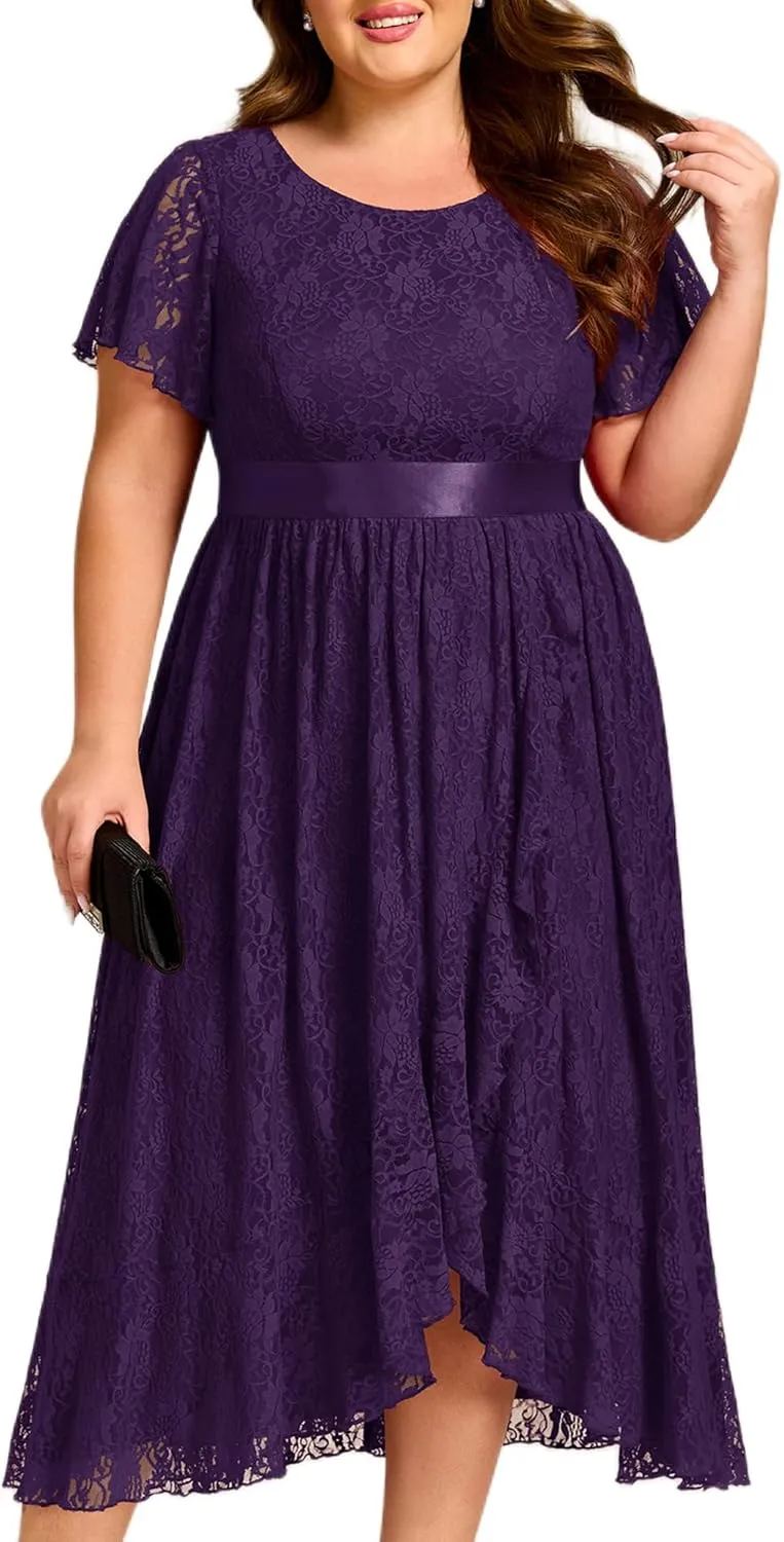 Ever-Pretty Plus Women's Lace Round Neck Short Sleeves High Low Plus Size Midi Cocktail Wedding Guest Dresses