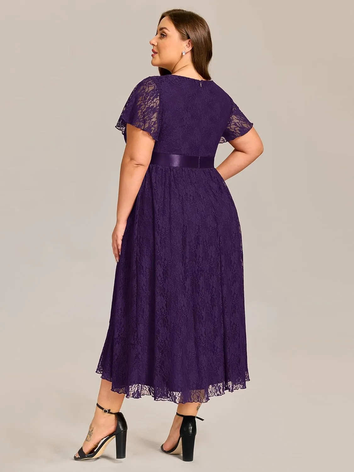 Ever-Pretty Plus Women's Lace Round Neck Short Sleeves High Low Plus Size Midi Cocktail Wedding Guest Dresses